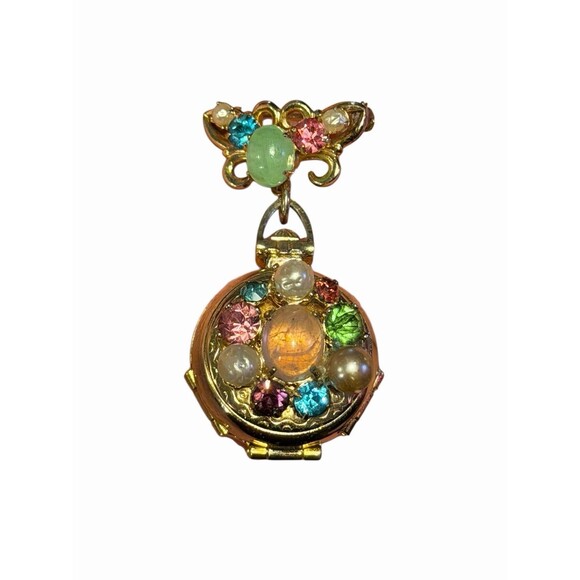 Vintage Coro 4/way Picture Locket Brooch Pin With Rhinestones Gold Tone - Picture 1 of 8